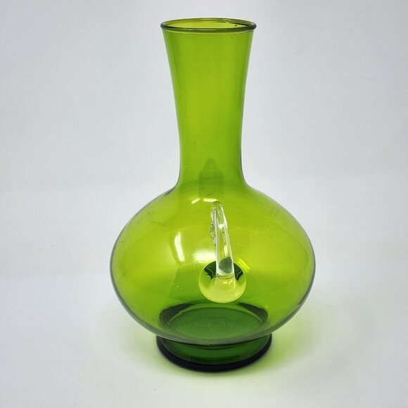 MCM Green Glass Vase Carafe Pitcher Clear Handle 6" Tall Elegant Delicate - Picture 6 of 6